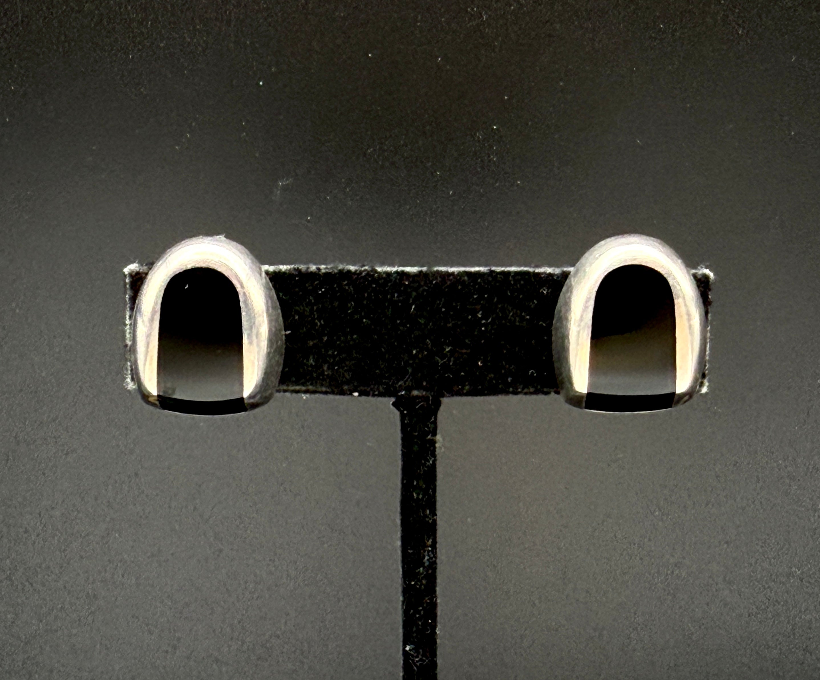 Vintage Sterling Silver Black Onyx Modernist Clip On Earrings