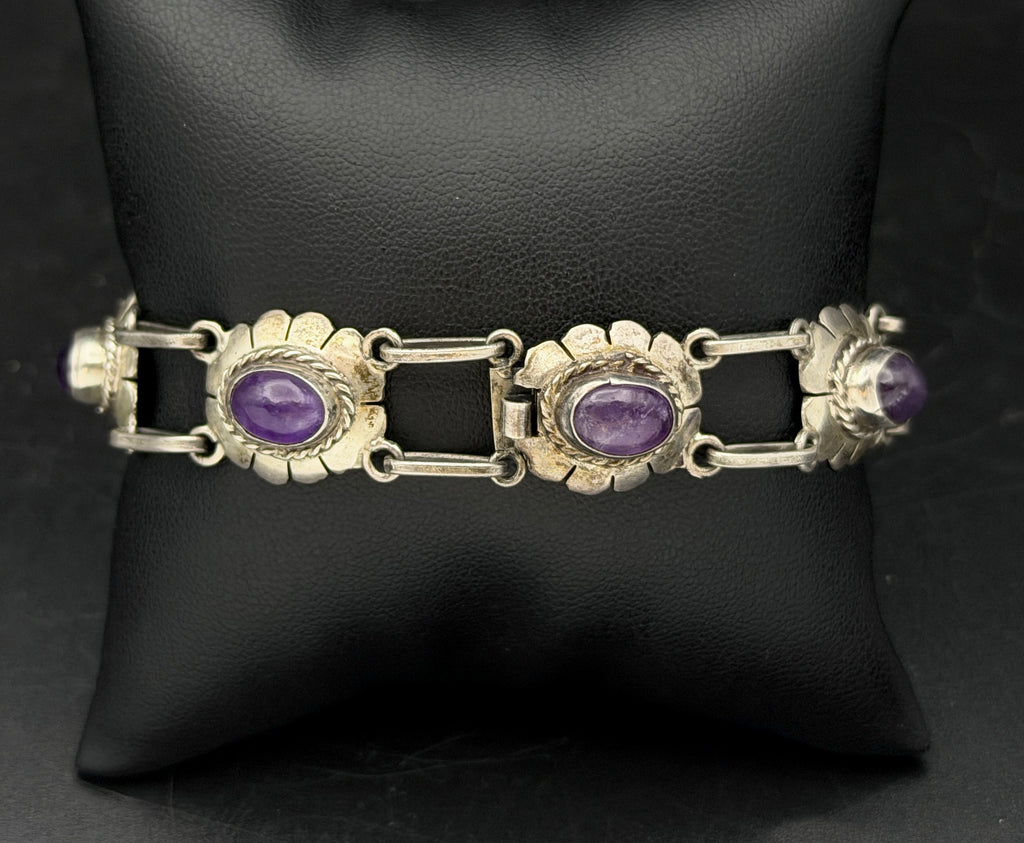 Vintage Handmade Amethyst Sterling Silver Link Bracelet - 8"