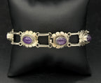 Vintage Handmade Amethyst Sterling Silver Link Bracelet - 8"