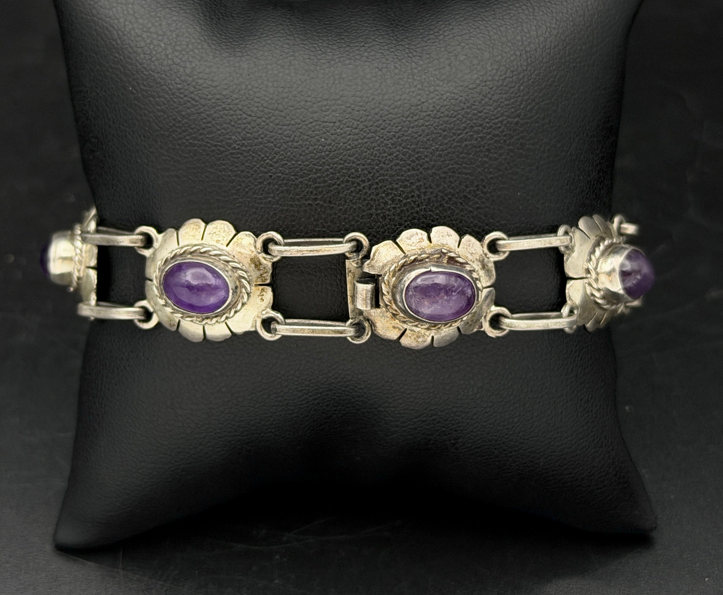 Vintage Handmade Amethyst Sterling Silver Link Bracelet - 8"