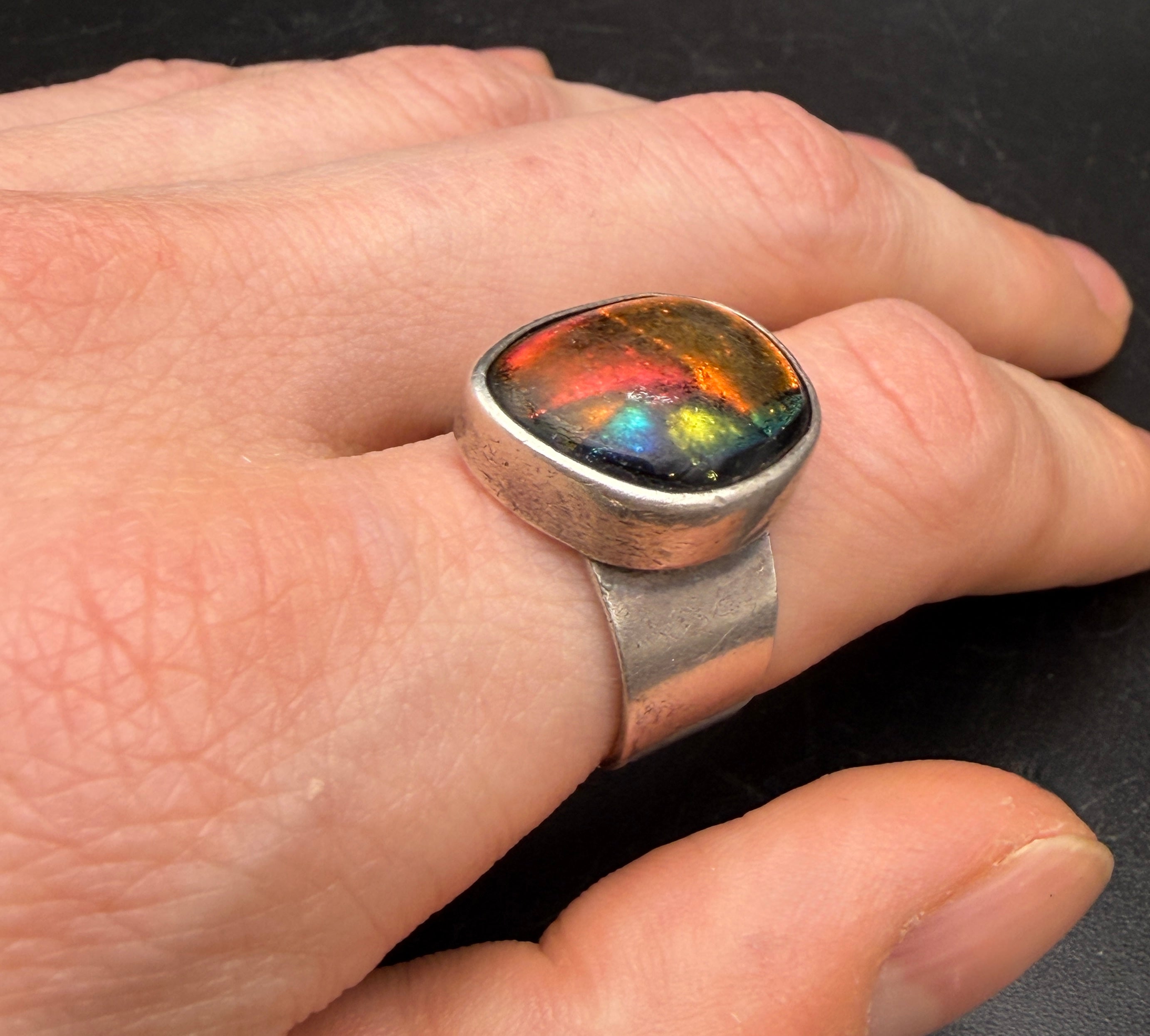 Vintage Handmade Sterling Silver Dichroic Glass Ring - Size 9.25