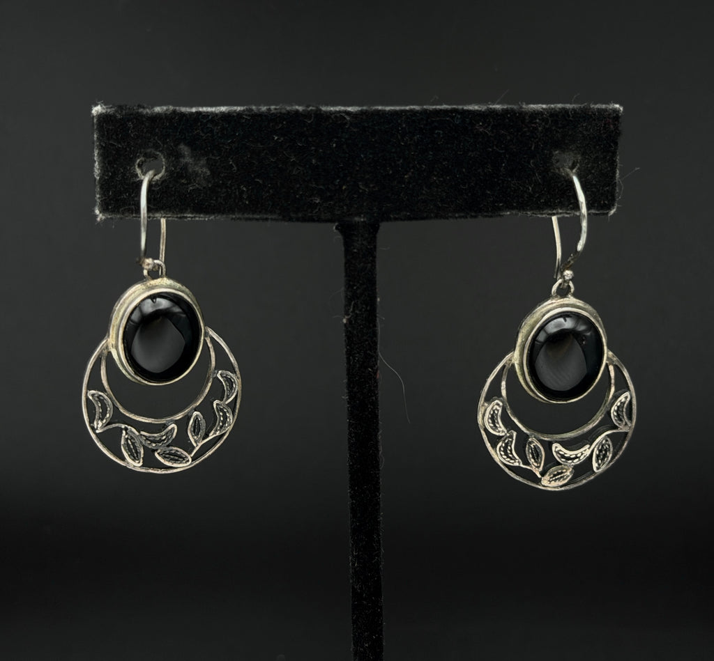 Vintage Sterling Silver Black Onyx Handcrafted Dangle Earrings