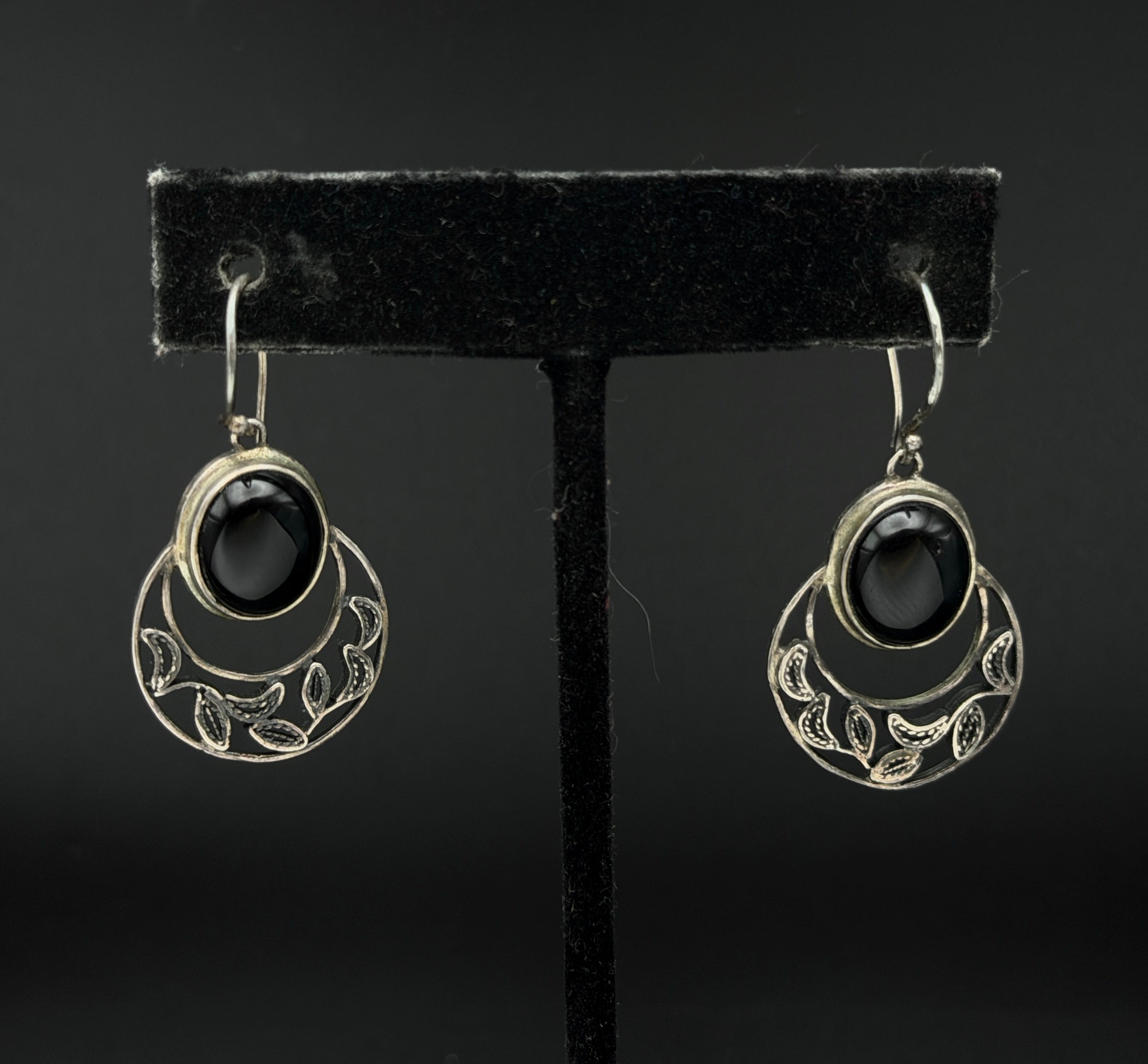 Vintage Sterling Silver Black Onyx Handcrafted Dangle Earrings