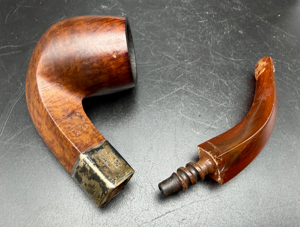 G.F.B. - Antique "Imperial" Bent Egg Pipe with Sterling Band, Amber Stem, Leather Case
