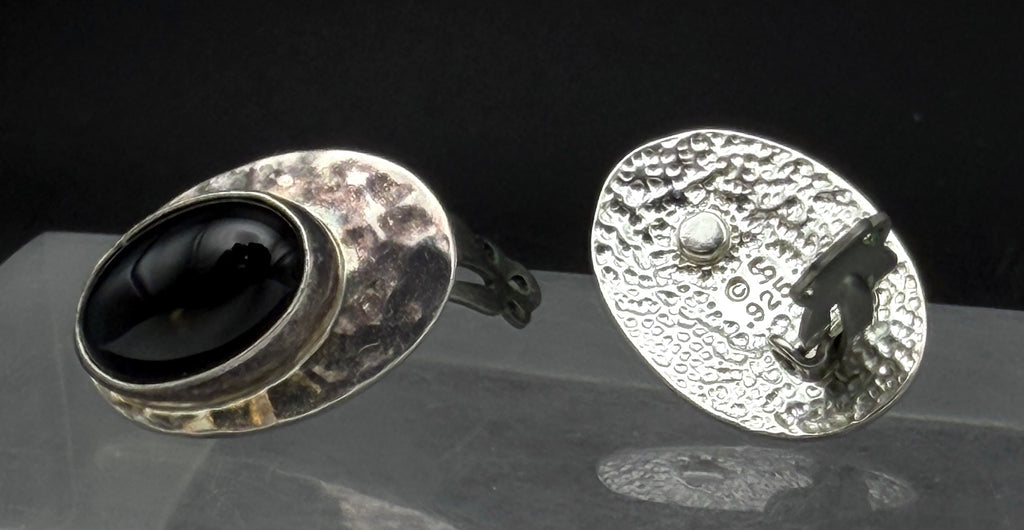 Vintage Hammered Sterling Silver Black Onyx Clip On Earrings