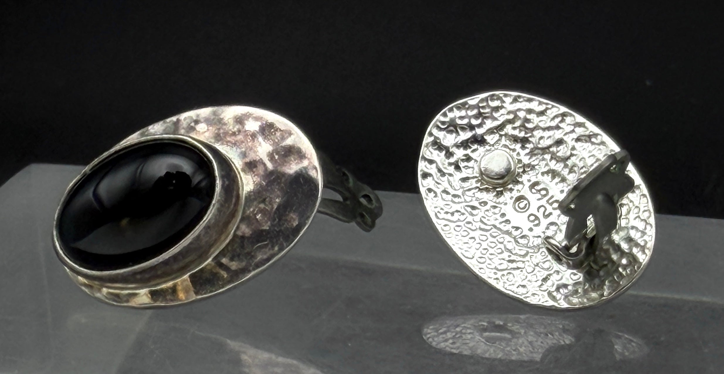 Vintage Hammered Sterling Silver Black Onyx Clip On Earrings