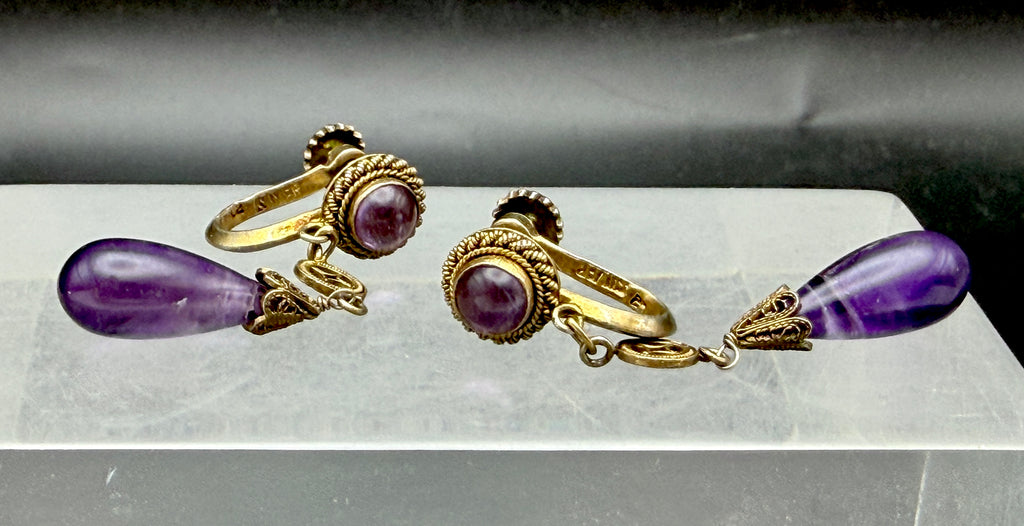 Vintage Handcrafted Silver Amethyst Screw Back Earrings