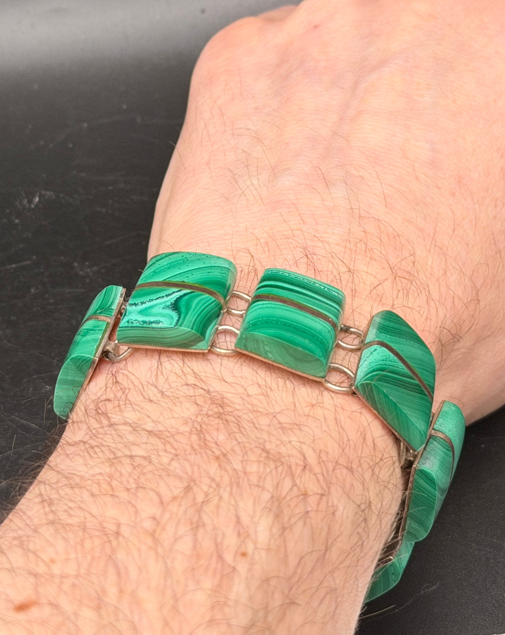 Vintage Handmade Mexican Sterling Silver & Malachite Panel Bracelet - 6.75"