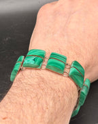 Vintage Handmade Mexican Sterling Silver & Malachite Panel Bracelet - 6.75"