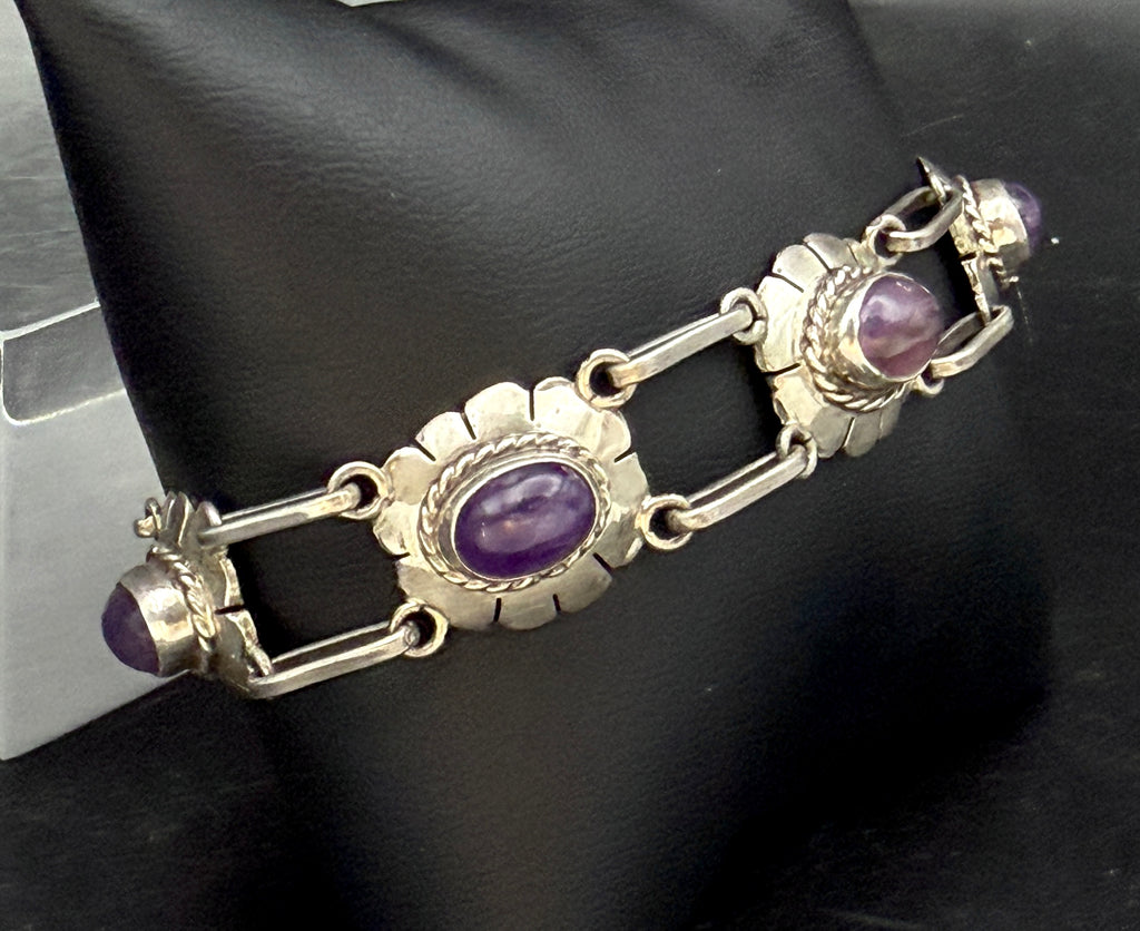 Vintage Handmade Amethyst Sterling Silver Link Bracelet - 8"