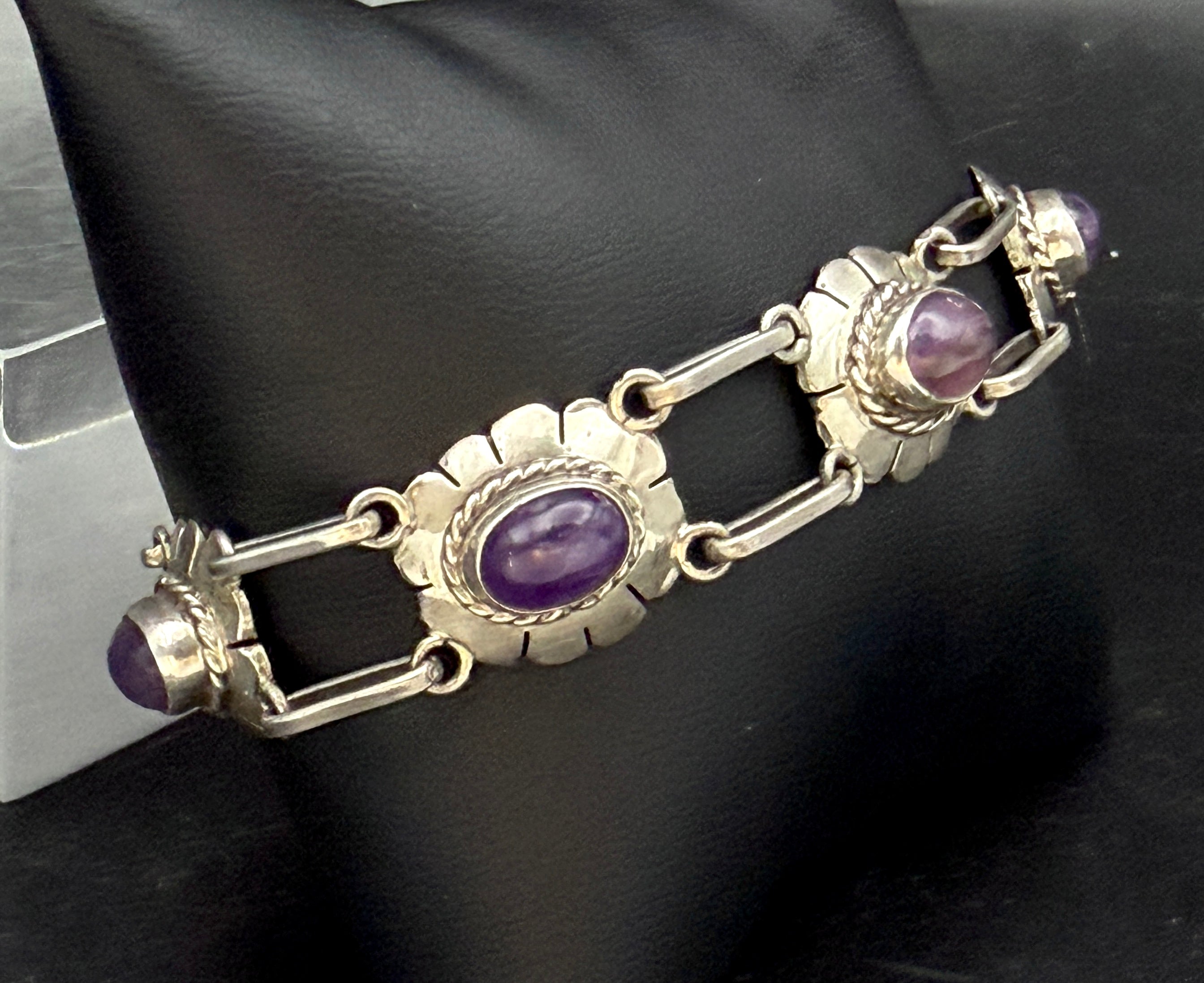 Vintage Handmade Amethyst Sterling Silver Link Bracelet - 8"