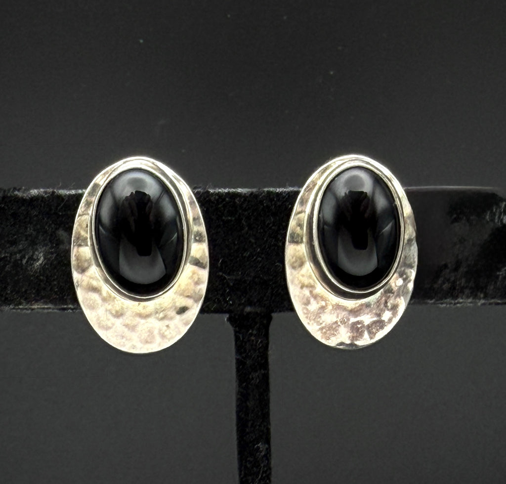 Vintage Hammered Sterling Silver Black Onyx Clip On Earrings
