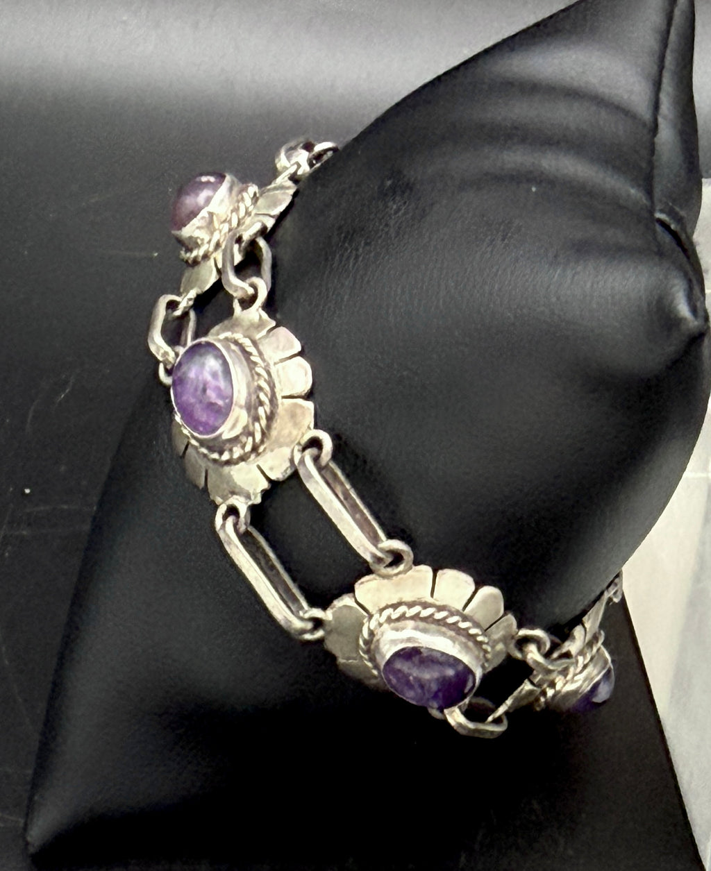 Vintage Handmade Amethyst Sterling Silver Link Bracelet - 8"