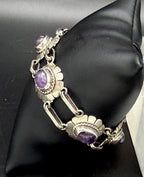 Vintage Handmade Amethyst Sterling Silver Link Bracelet - 8"