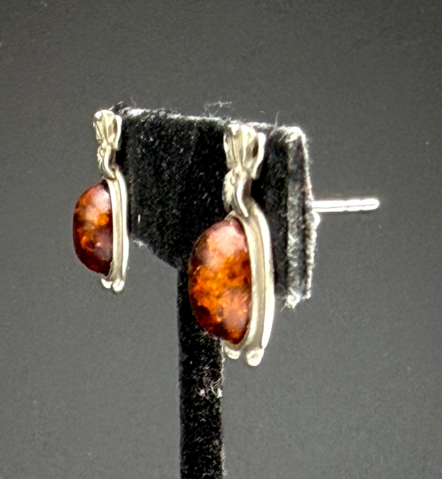 Vintage Art Nouveau Style Amber Sterling Silver Stud Earrings