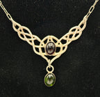 Vintage Garnet and Peridot Celtic Knot Pendant Sterling Silver Chain Necklace - 15.5"