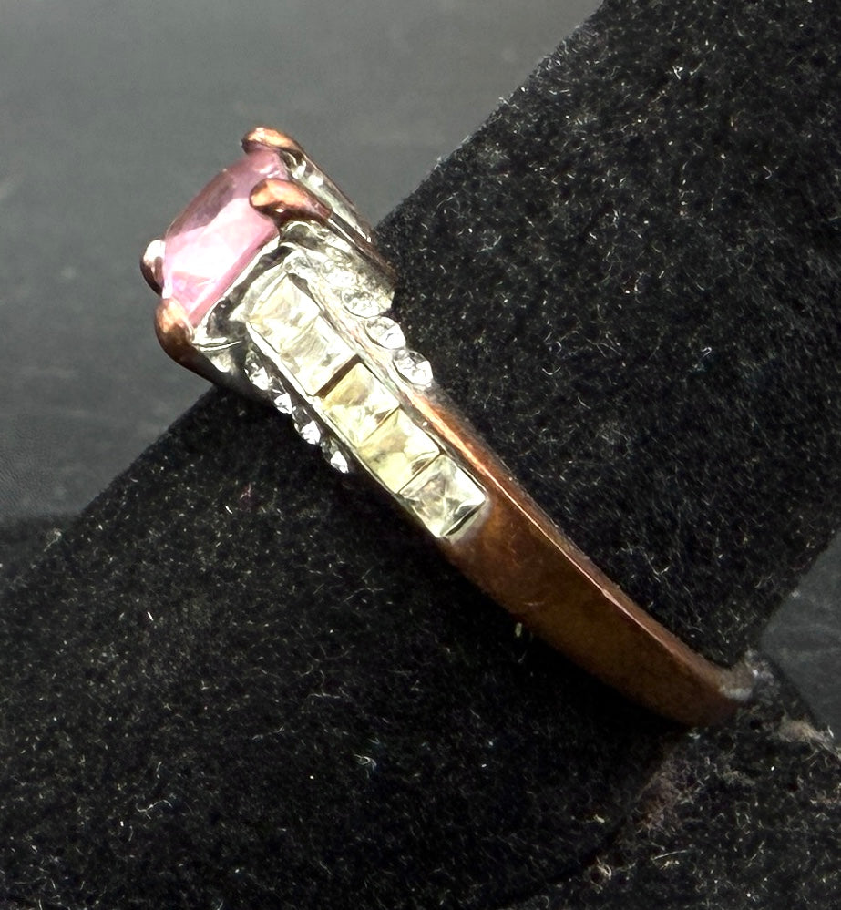 Vintage Silver Plated Pink Crystal Glass Ring - Size 9
