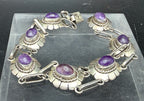 Vintage Handmade Amethyst Sterling Silver Link Bracelet - 8"