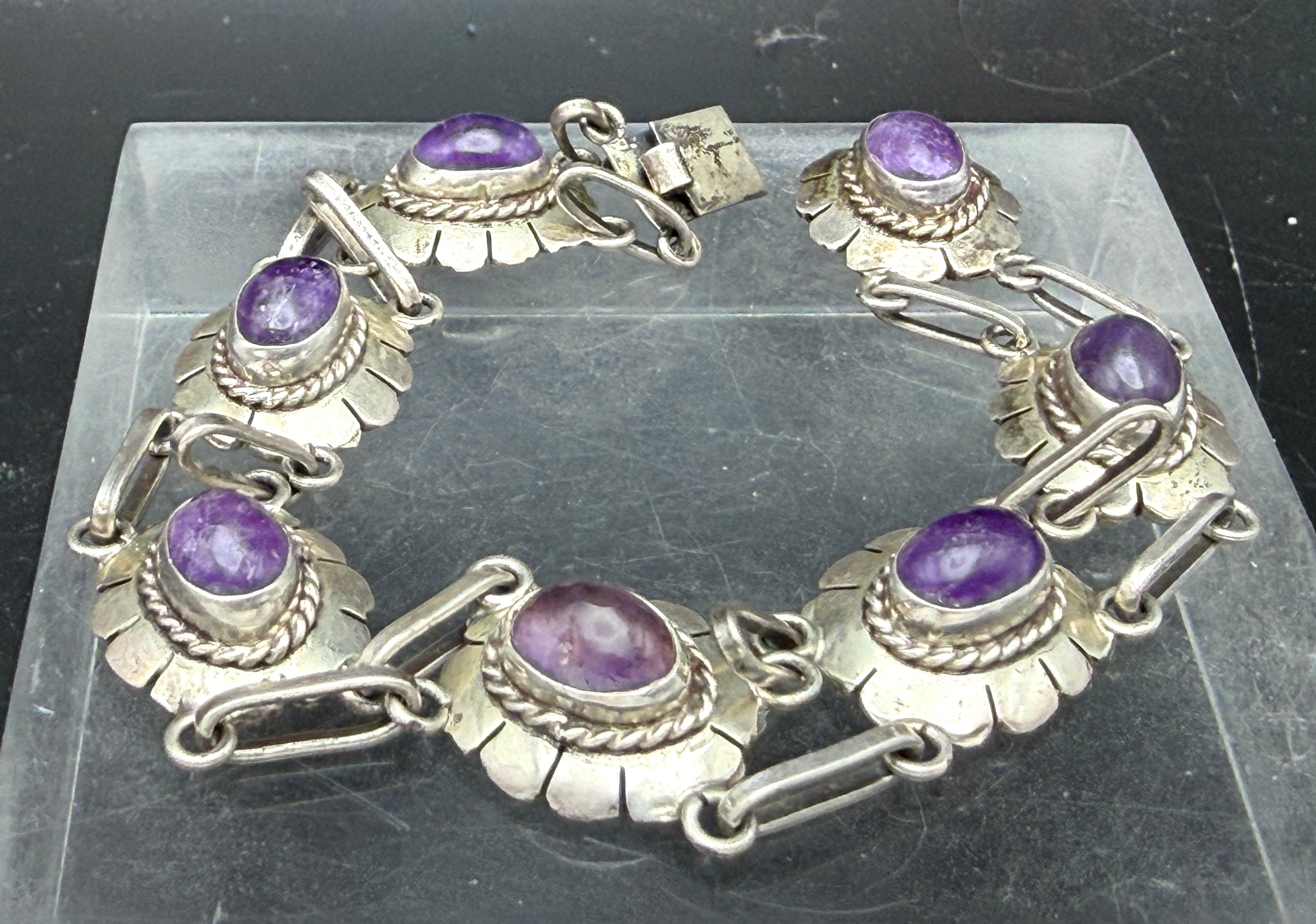 Vintage Handmade Amethyst Sterling Silver Link Bracelet - 8"