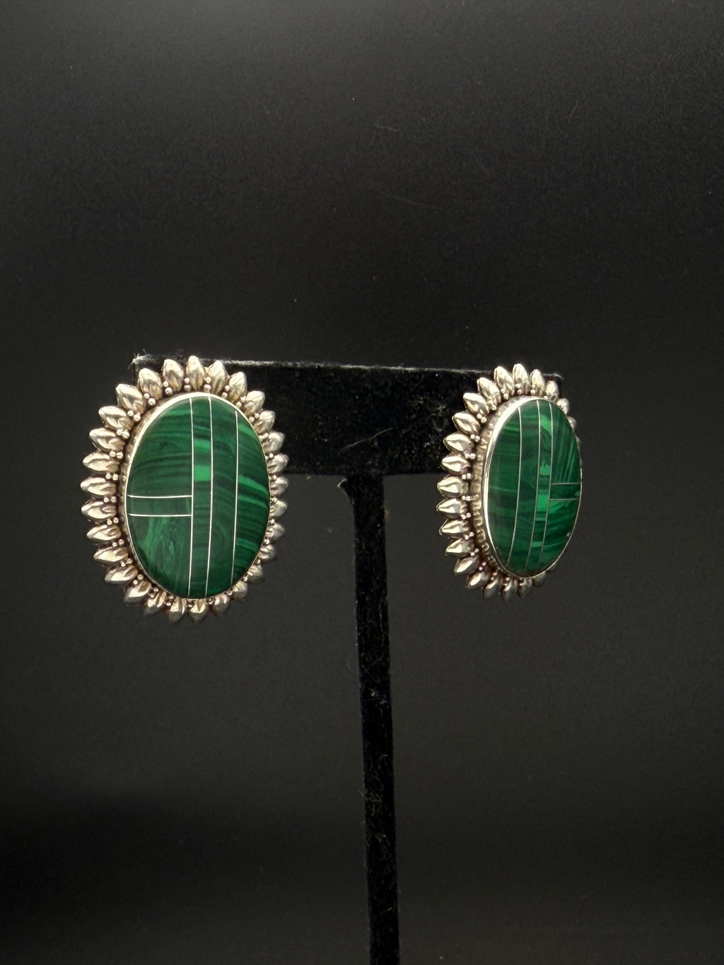 Vintage Sterling Silver Inlaid Imitation Malachite Earrings