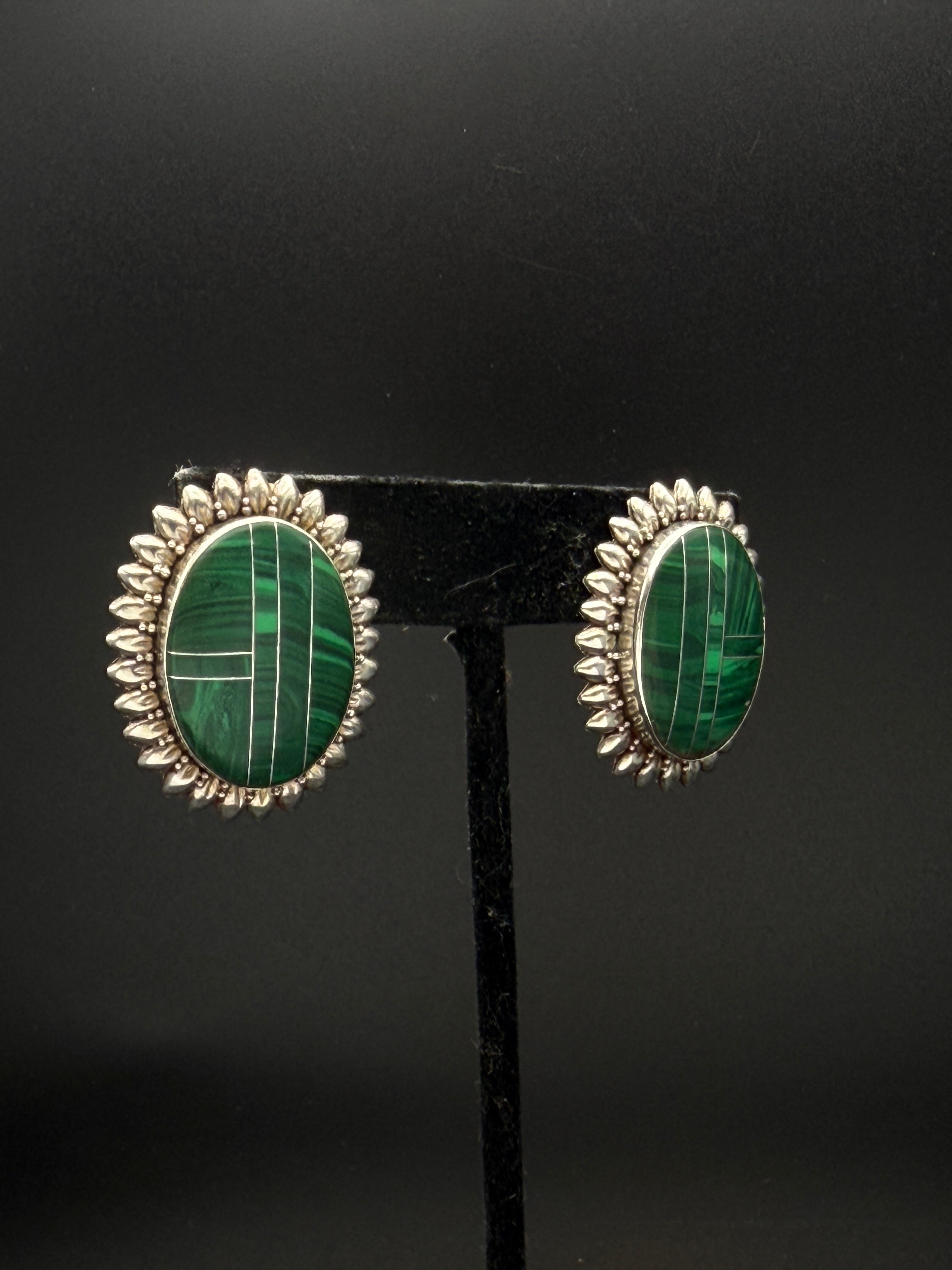 Vintage Sterling Silver Inlaid Imitation Malachite Earrings