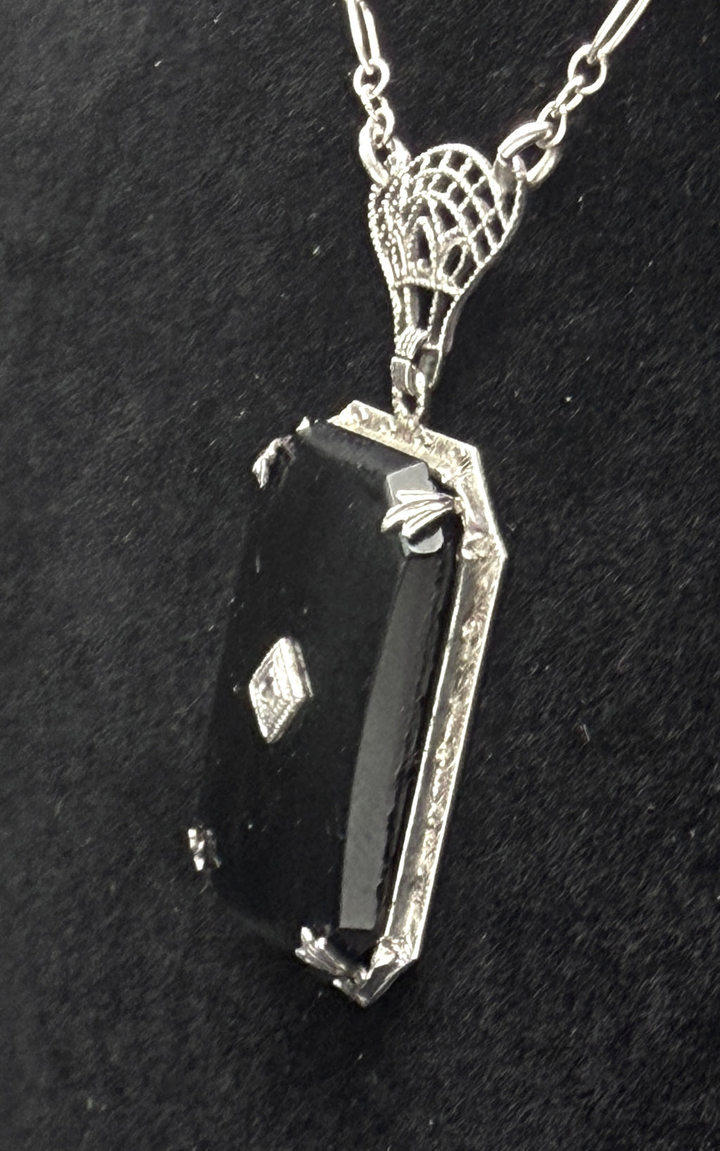 Vintage Black Glass with Diamond Macle Pendant Necklace Sterling Silver Chain Necklace - 23"