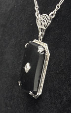 Vintage Black Glass with Diamond Macle Pendant Necklace Sterling Silver Chain Necklace - 23"