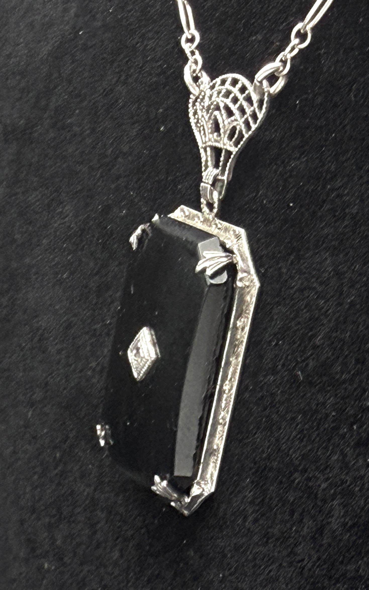 Vintage Black Glass with Diamond Macle Pendant Necklace Sterling Silver Chain Necklace - 23"