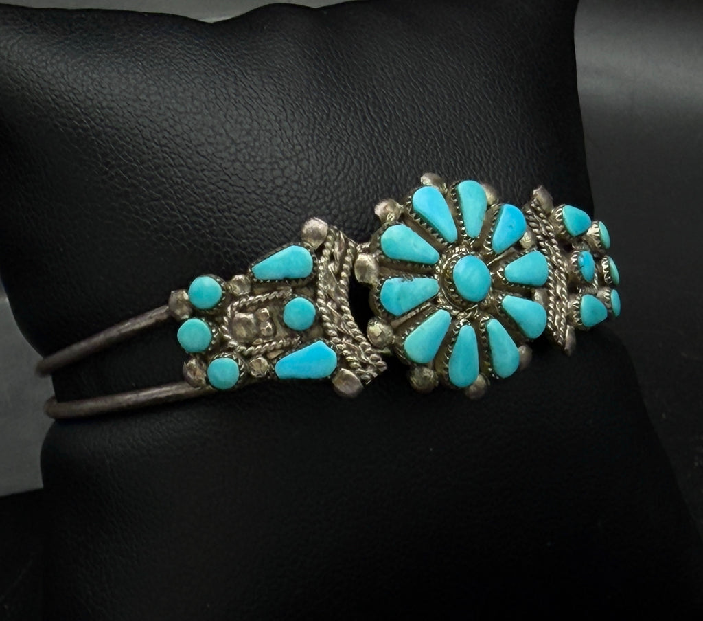 Vintage Handmade Zuni Floral Petit Point Turquoise Sterling Silver Cuff Bracelet