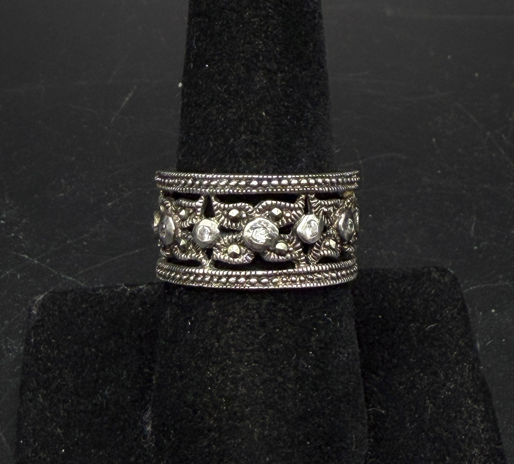 Vintage Sterling Silver with Marcasite and Crystal Glass Wide Band Ring - Size 8