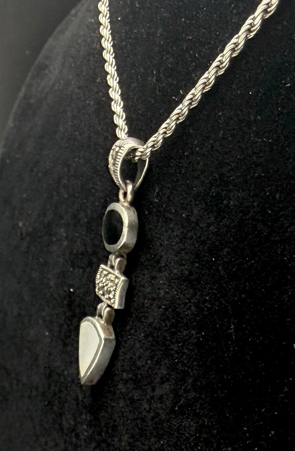 Vintage Black Onyx, Marcasite and Mother of Pearl Pendant on Italian Chain Sterling Silver Necklace - 16"
