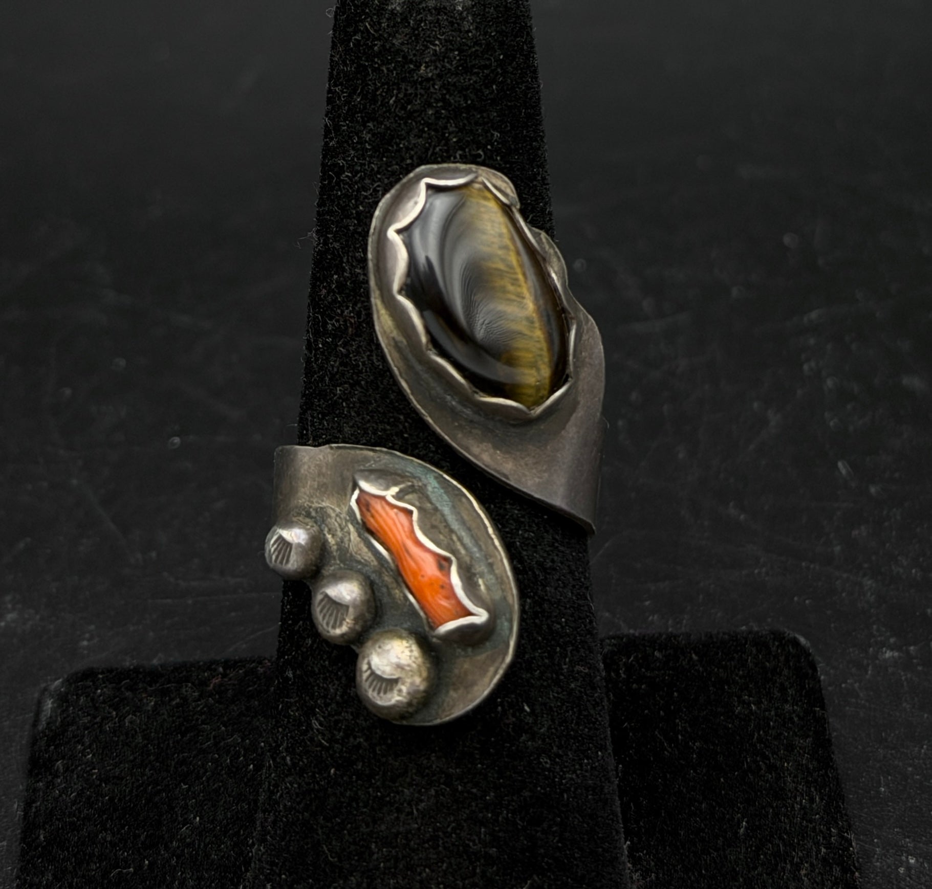 Vintage Handmade Tiger's Eye and Coral Sterling Silver Bypass Ring - Adjustable Size
