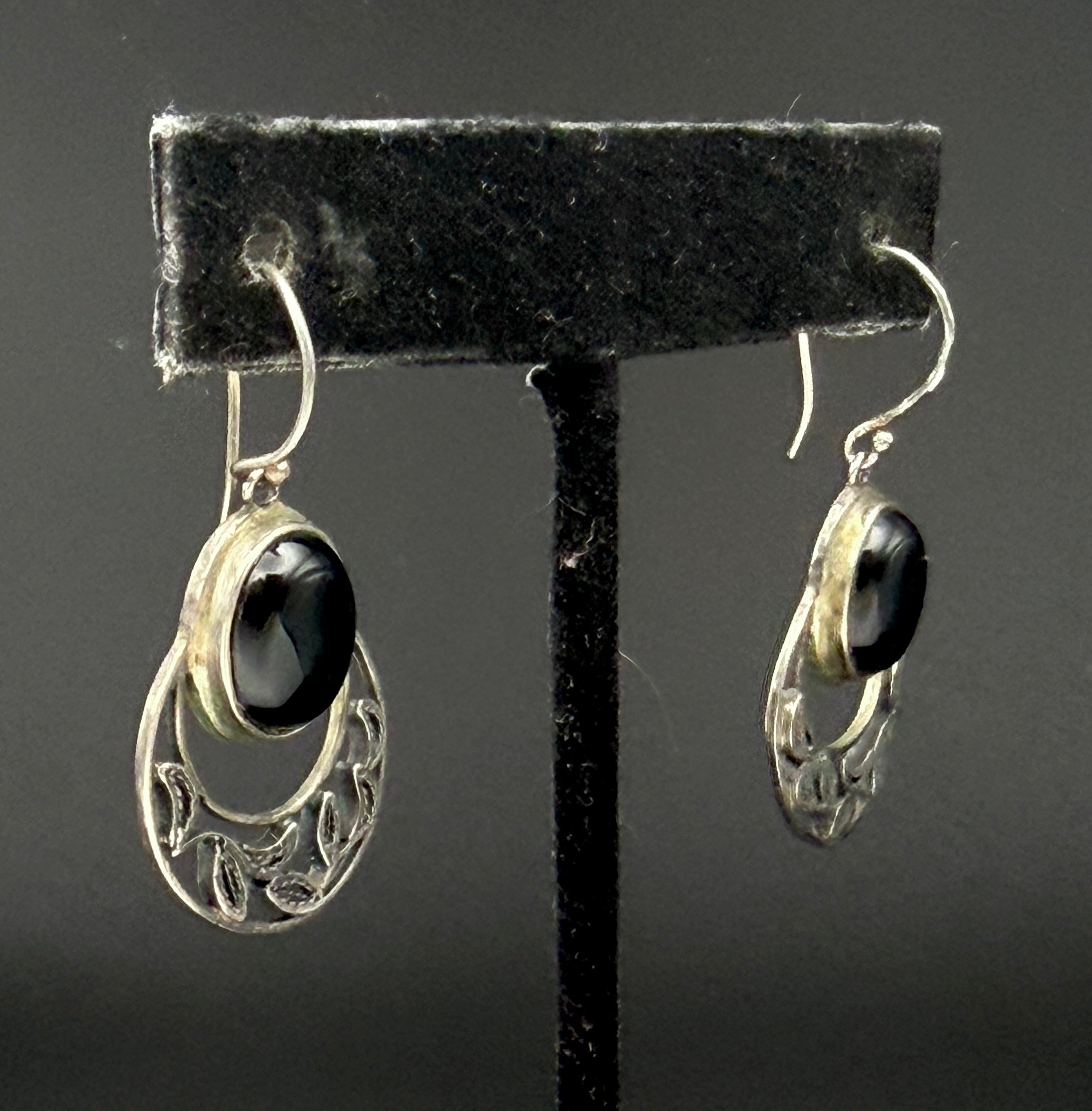 Vintage Sterling Silver Black Onyx Handcrafted Dangle Earrings