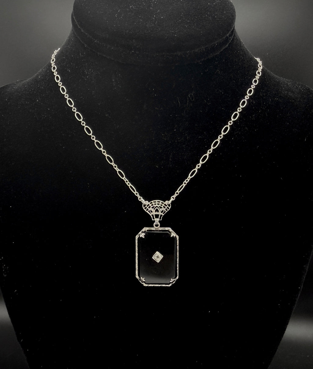 Vintage Black Glass with Diamond Macle Pendant Necklace Sterling Silver Chain Necklace - 23"