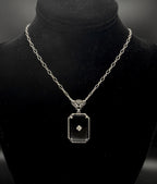 Vintage Black Glass with Diamond Macle Pendant Necklace Sterling Silver Chain Necklace - 23"