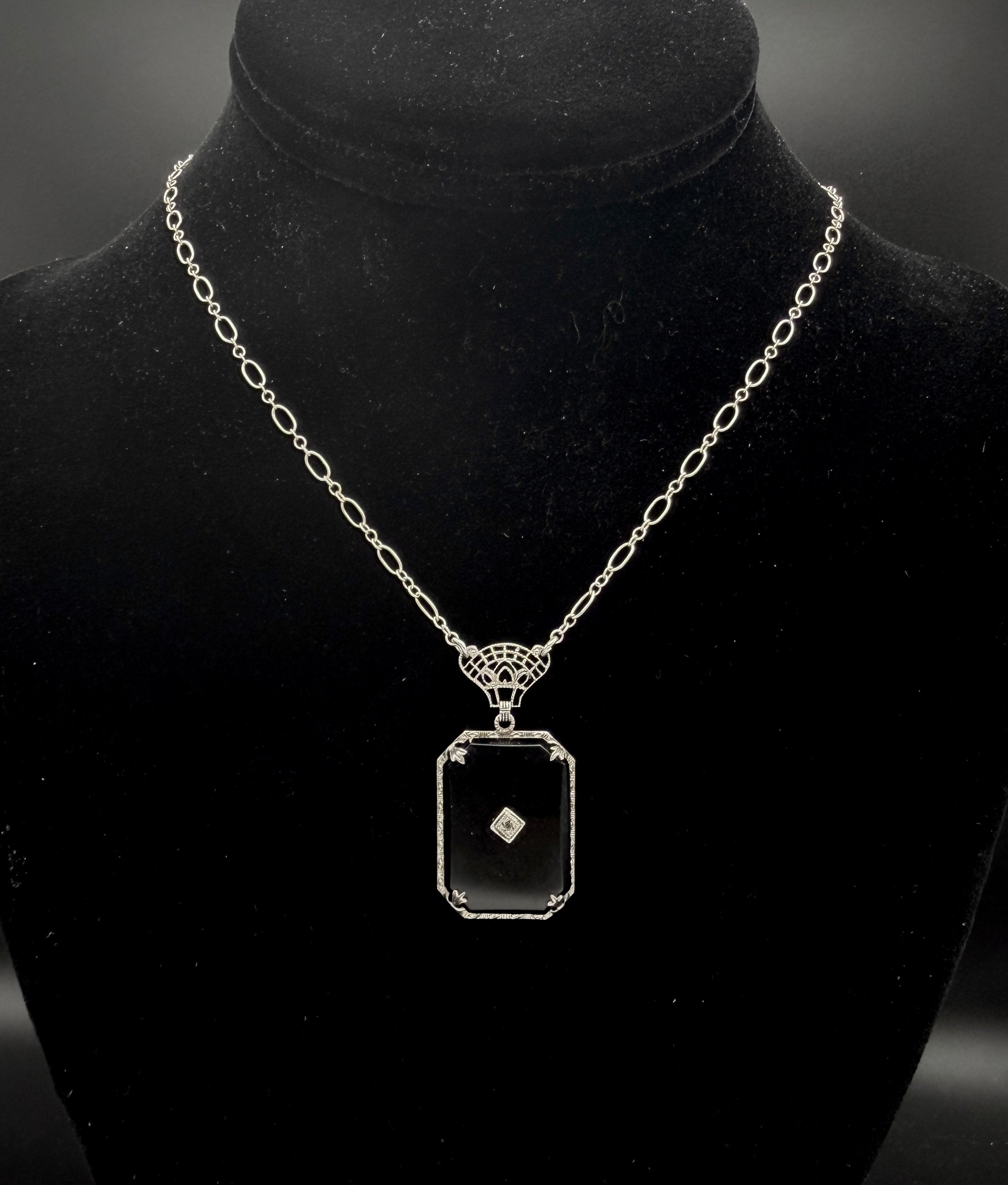 Vintage Black Glass with Diamond Macle Pendant Necklace Sterling Silver Chain Necklace - 23"