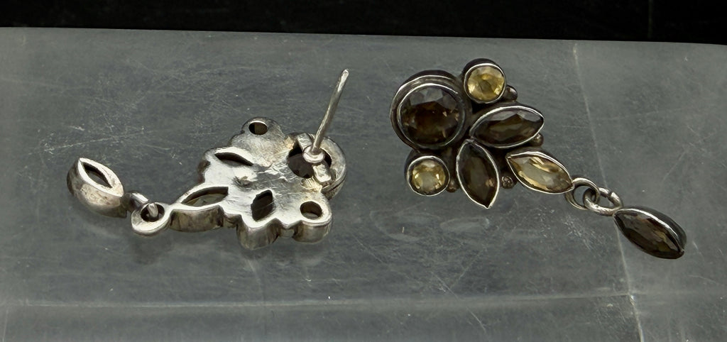 Vintage Smoky Quartz and Citrine Sterling Silver Earrings