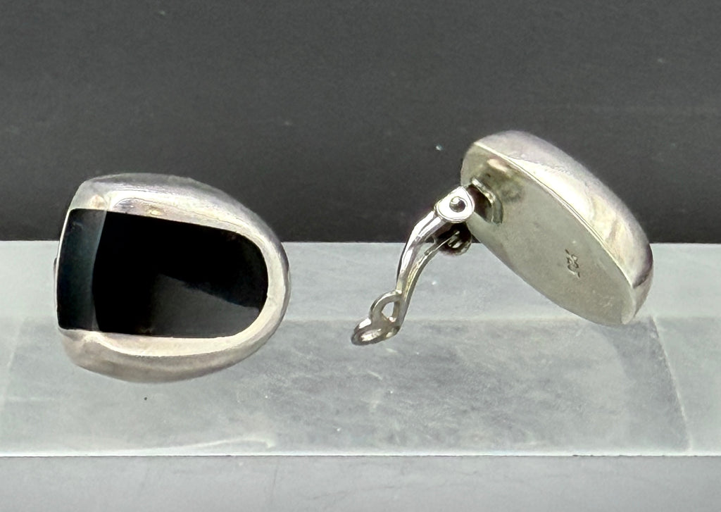 Vintage Sterling Silver Black Onyx Modernist Clip On Earrings