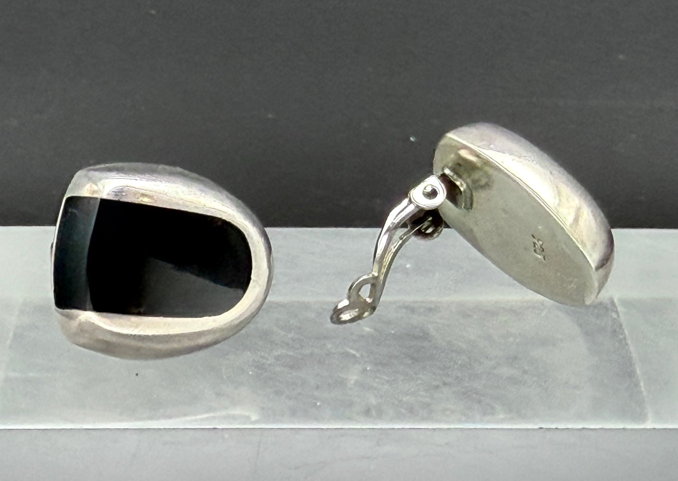 Vintage Sterling Silver Black Onyx Modernist Clip On Earrings