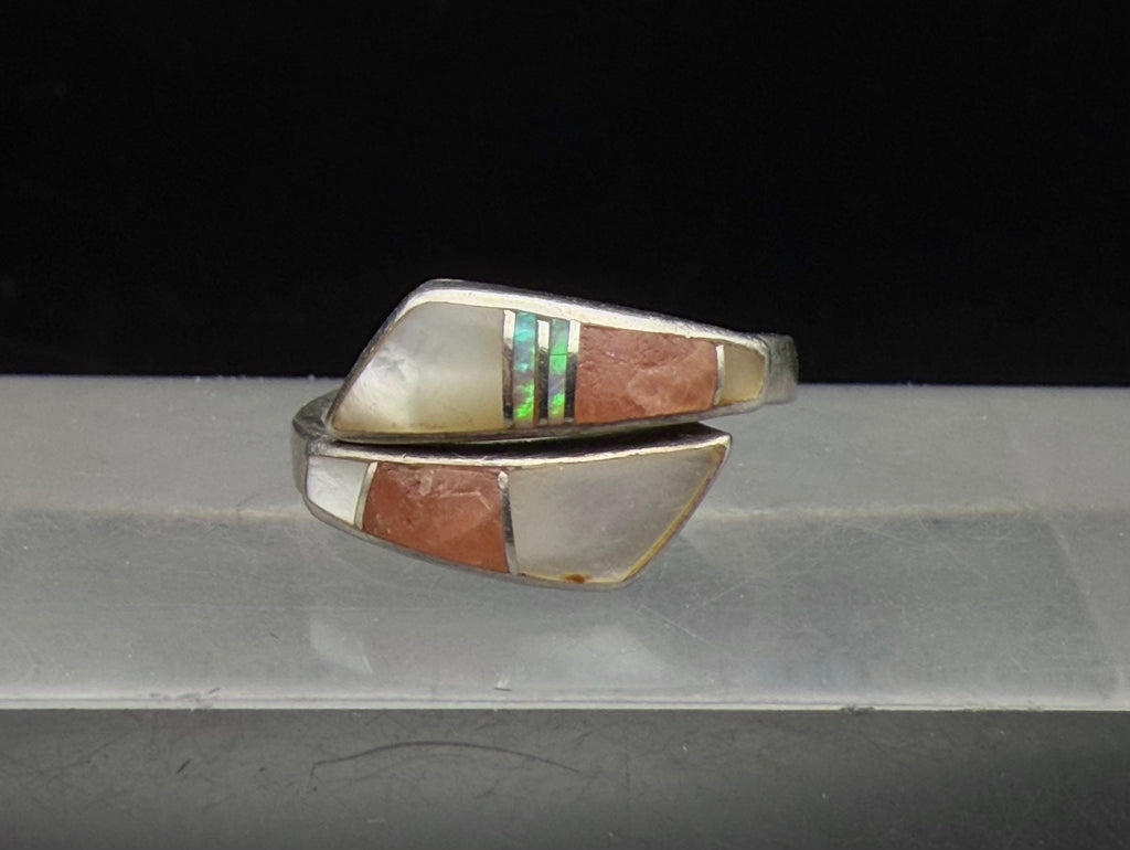Julius Burbank - Vintage Handmade Sterling Silver Inlaid Bypass Ring - Adjustable Size