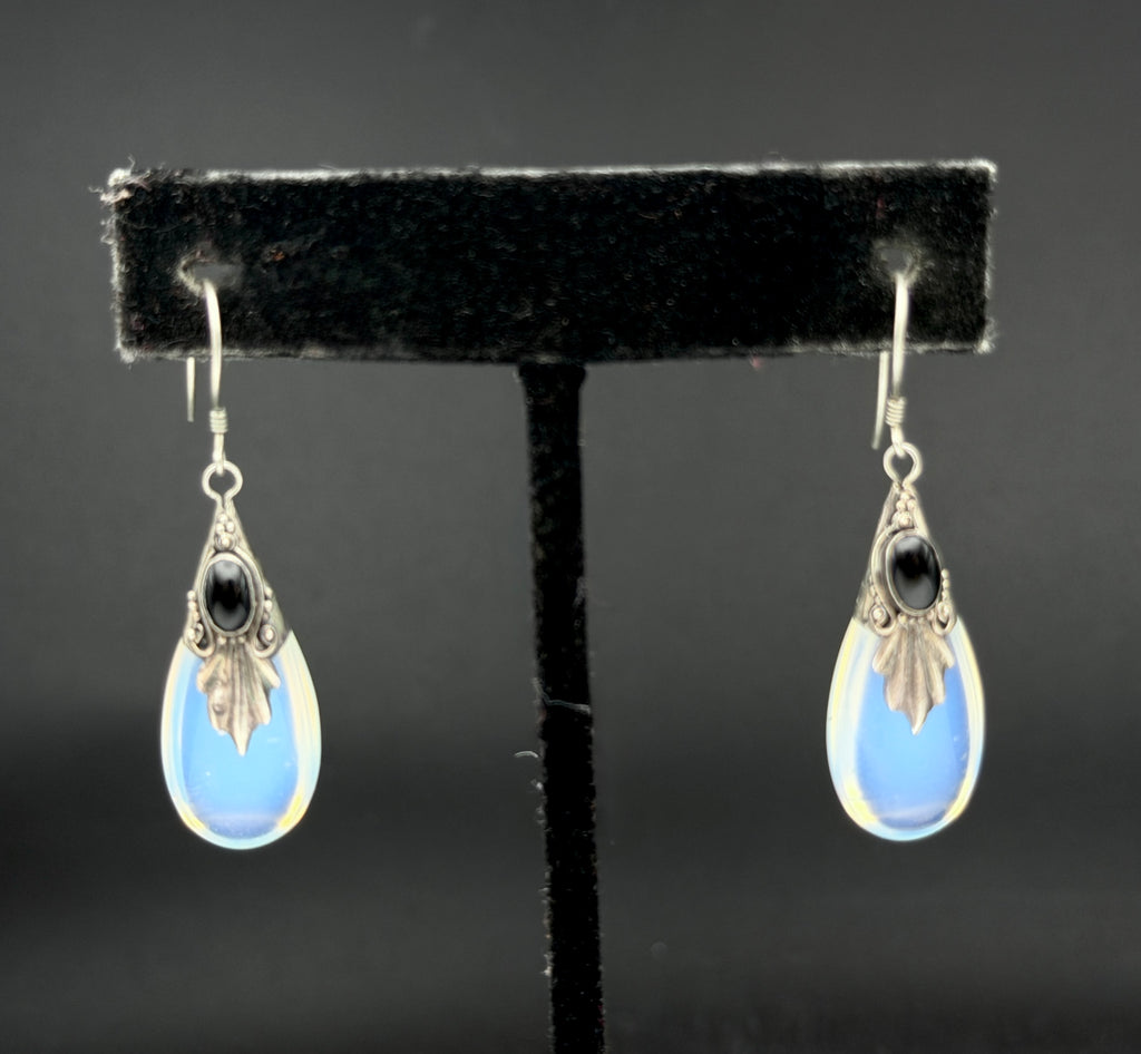 Vintage Opalite Teadrop with Black Onyx Sterling Silver Dangle Earrings
