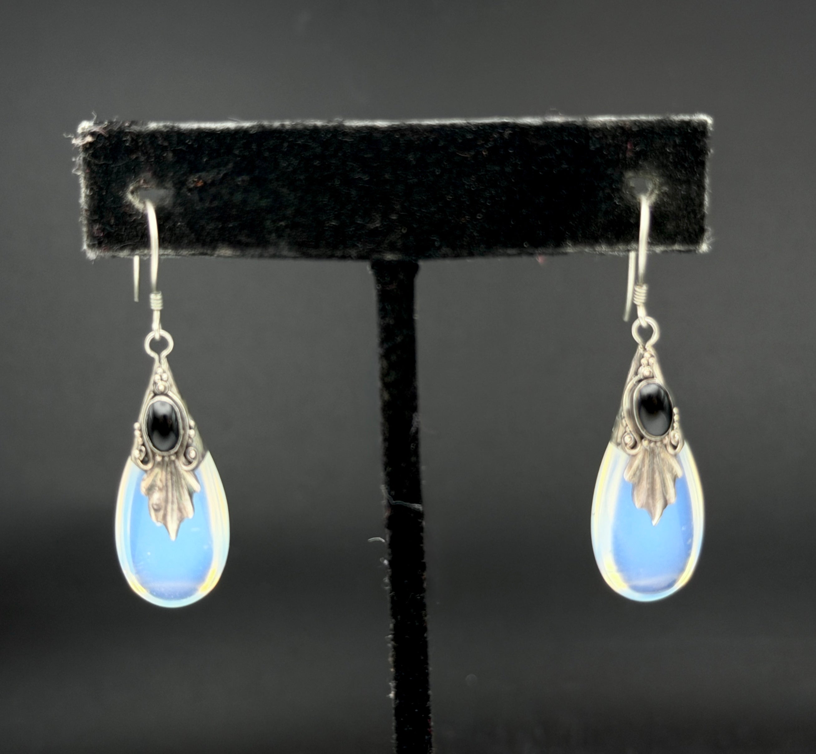 Vintage Opalite Teadrop with Black Onyx Sterling Silver Dangle Earrings