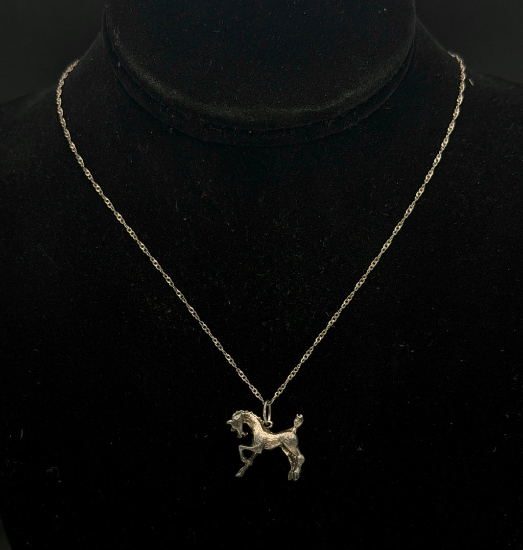 Vintage Sterling Silver Bucking Bronco Horse Pendant Chain Necklace - 16"