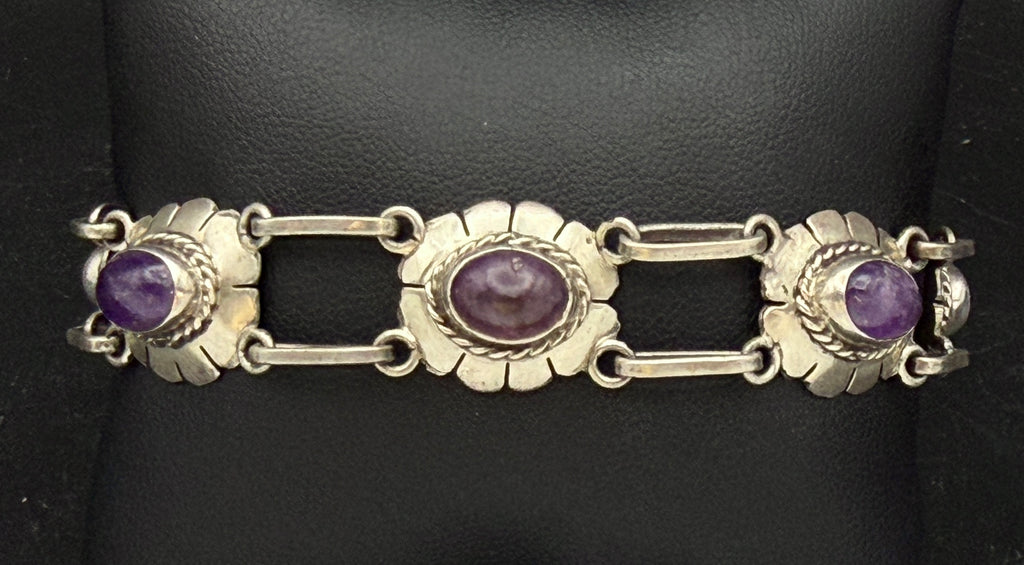 Vintage Handmade Amethyst Sterling Silver Link Bracelet - 8"