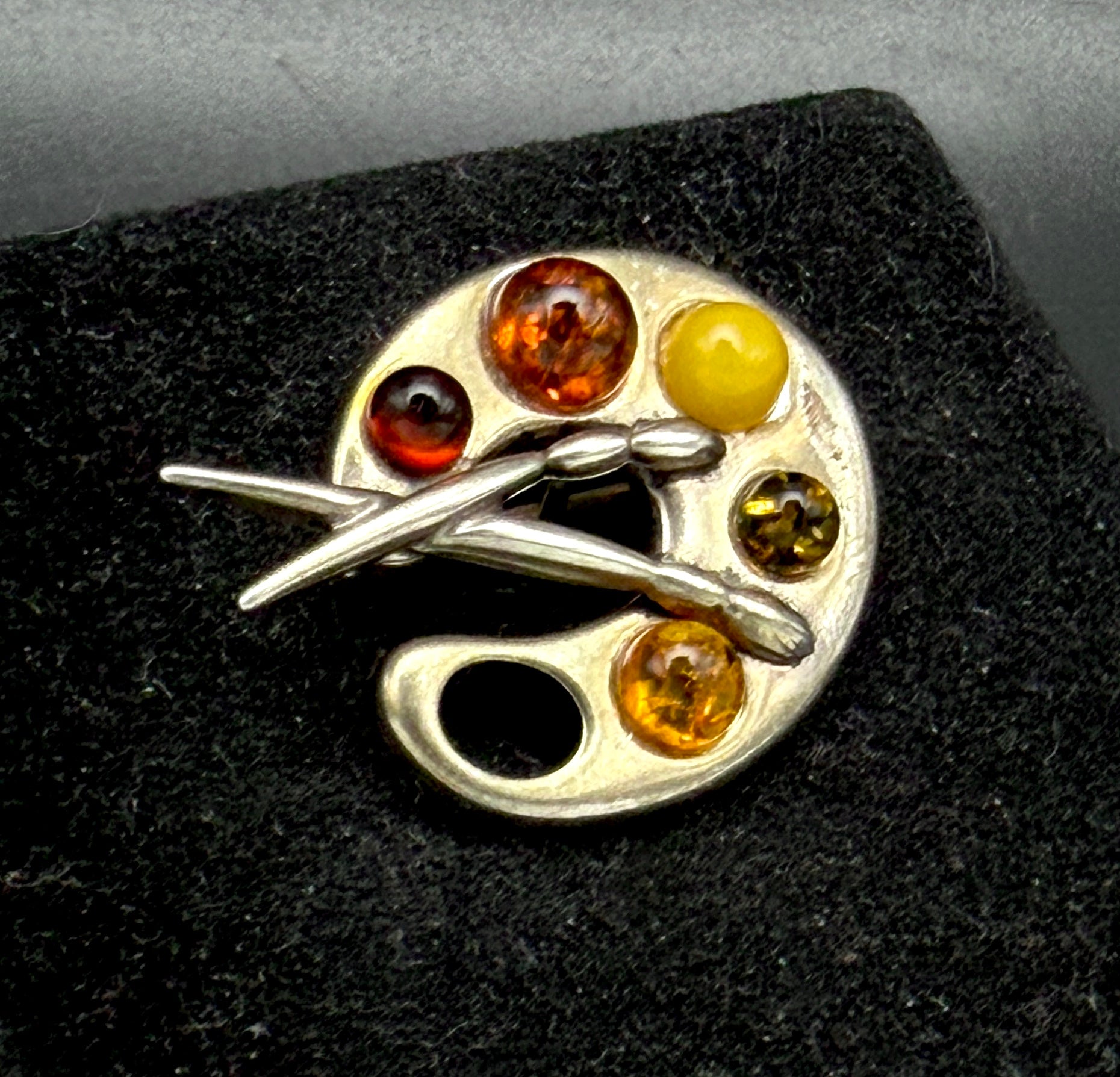 Vintage Sterling Silver and Amber Artist's Palette Brooch