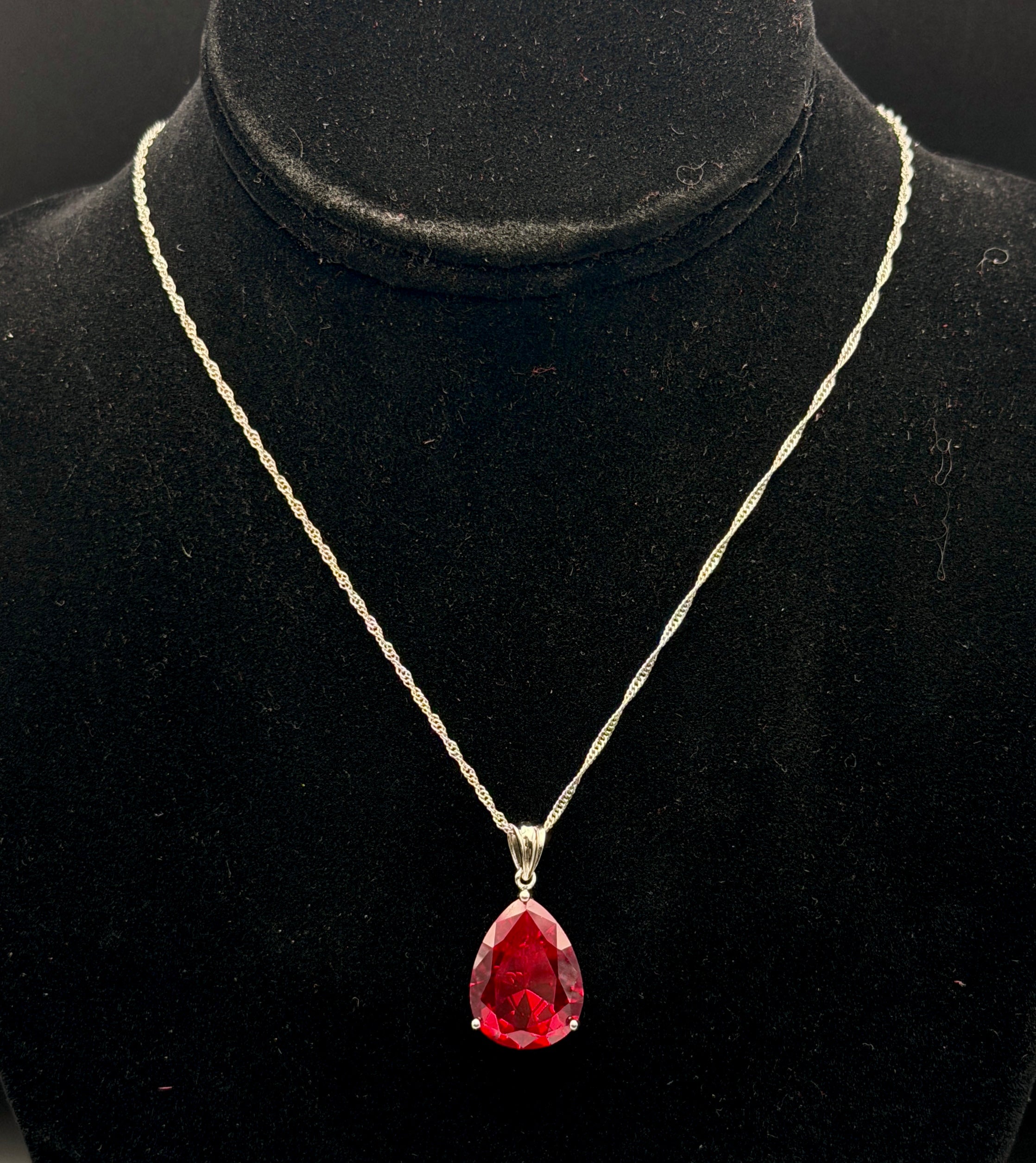 Vintage Large Synthetic Ruby Pendant Sterling Silver Chain Necklace