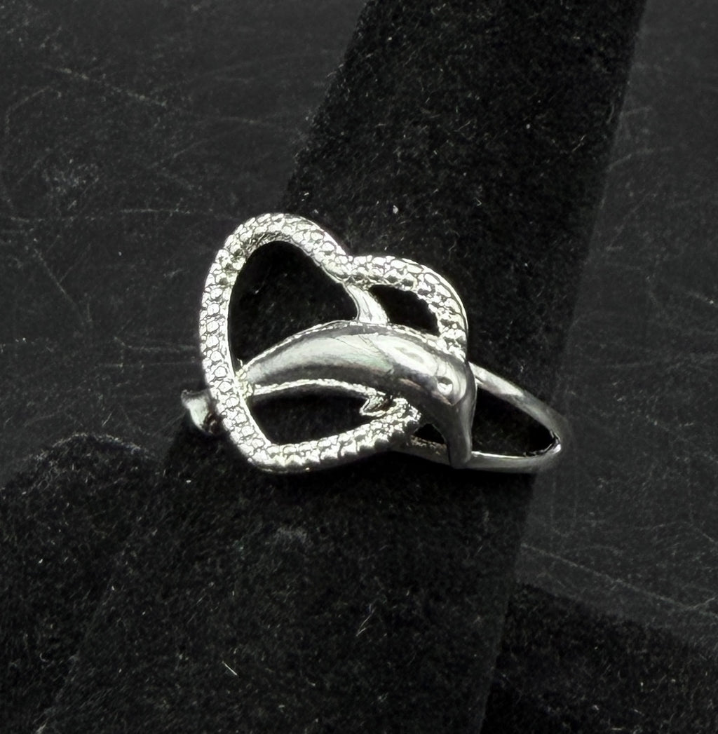 Vintage Sterling Silver Dolphin Heart Ring - Size 6.75