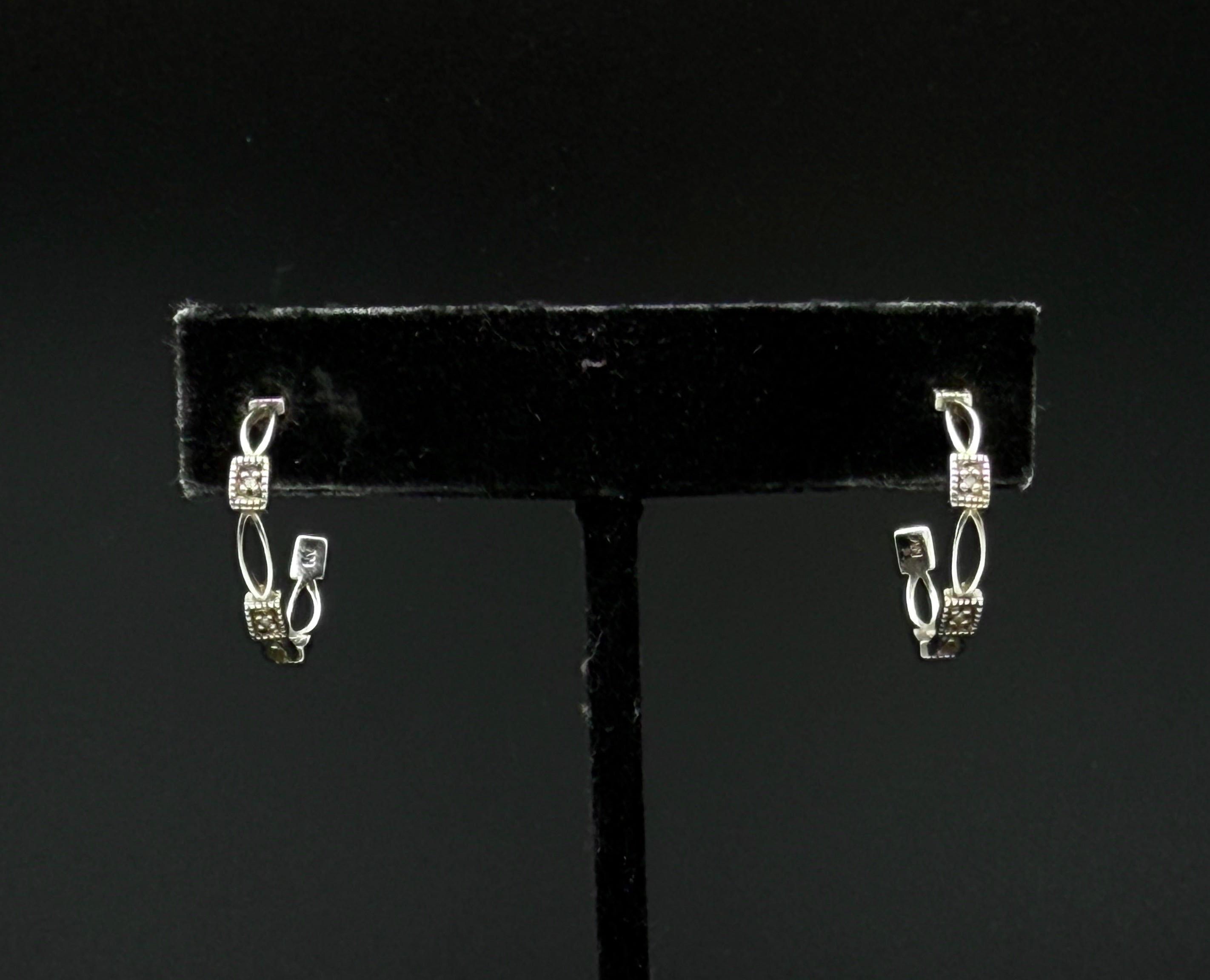Vintage Sterling Silver and Diamonds Open Hoop Earrings