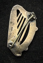 Antique Handmade Connemara Marble Harp Silver Brooch