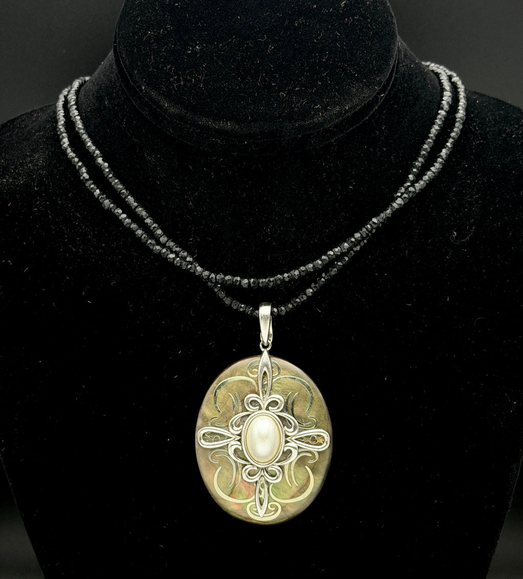 Vintage Abalone Shell Pendant Sterling Silver with Black Beaded Necklace- 36"
